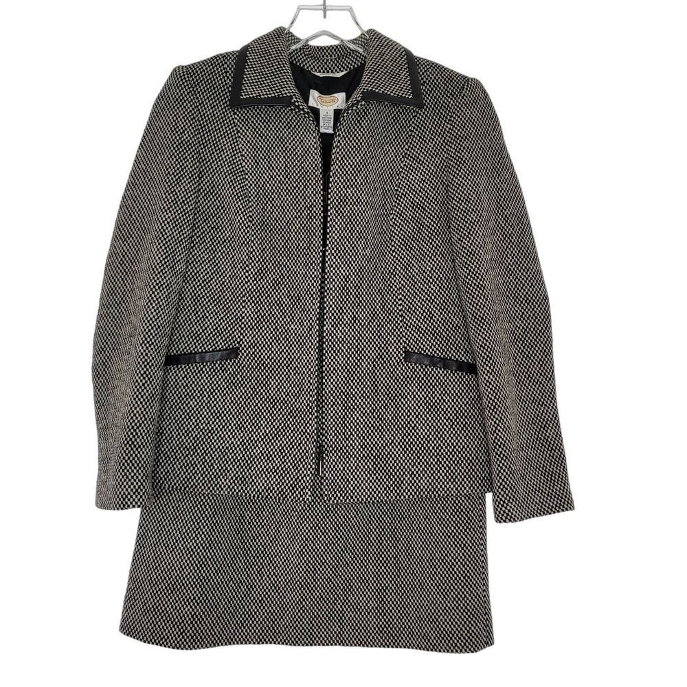 Talbots Black Wool Tweed Skirt Suit 6P Leather Trim Preppy Office USA